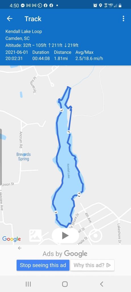 A picture of Kendall Lake Loop showing the distance at 1.81 miles and a duration of 44 minutes in Camden South Carolina